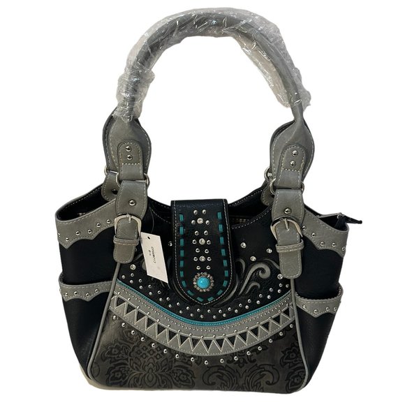 (7-200) Brand New with Tag -Black & (Turq) Western Style Two Handle Shoulder Bag - Picture 1 of 12